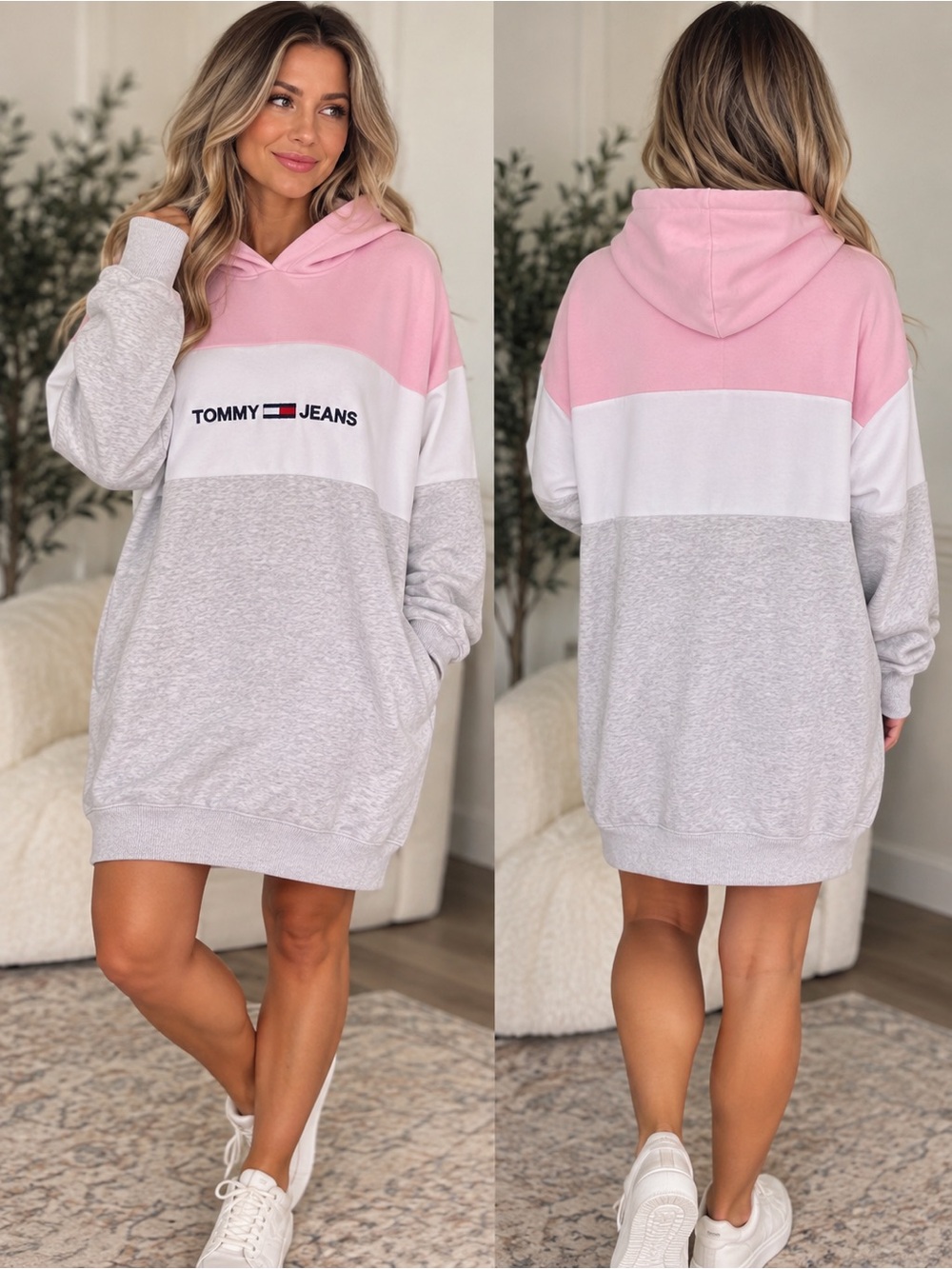 Tommy Jeans Colorblock Hoodie Dress Pink Gray Logo Sweatshirt M
